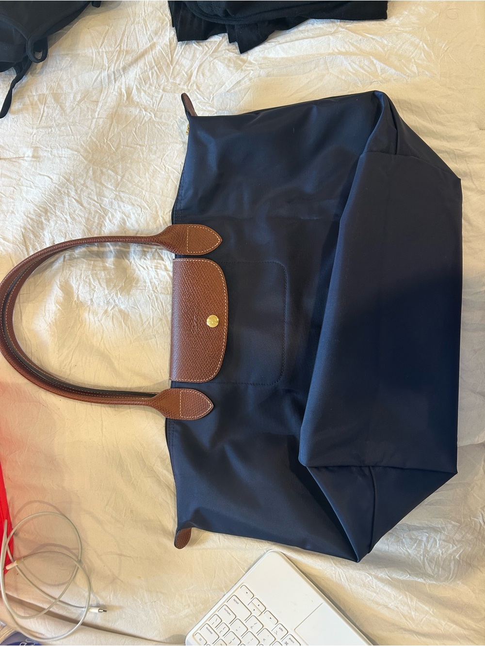 Longchamp large Navy Tote Bag with Brown Trim - Classic Women